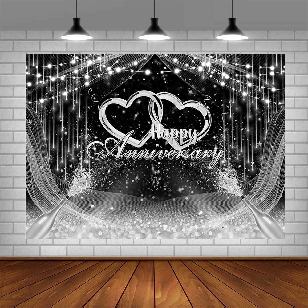 AIBIIN 7x5ft Black and Silver Happy Anniversary Backdrop Silver Glitter Wedding Anniversary Bridal Shower Photography Background Cheers to Wedding Miss to Mrs Party Decorations Banner