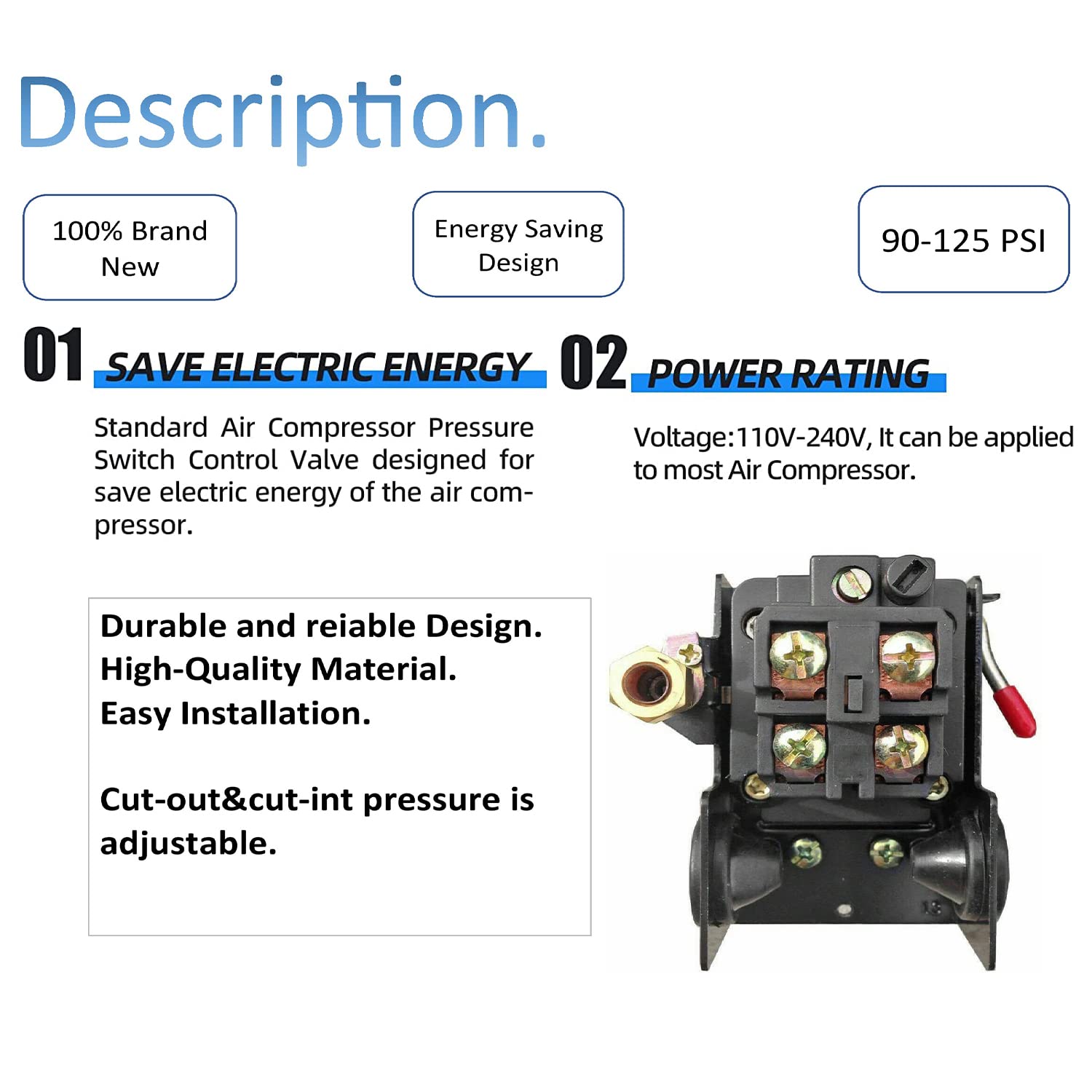 Heavy Duty Air Compressor Pressure Switch Control 90-125 psi Single Port, 26A Replaces