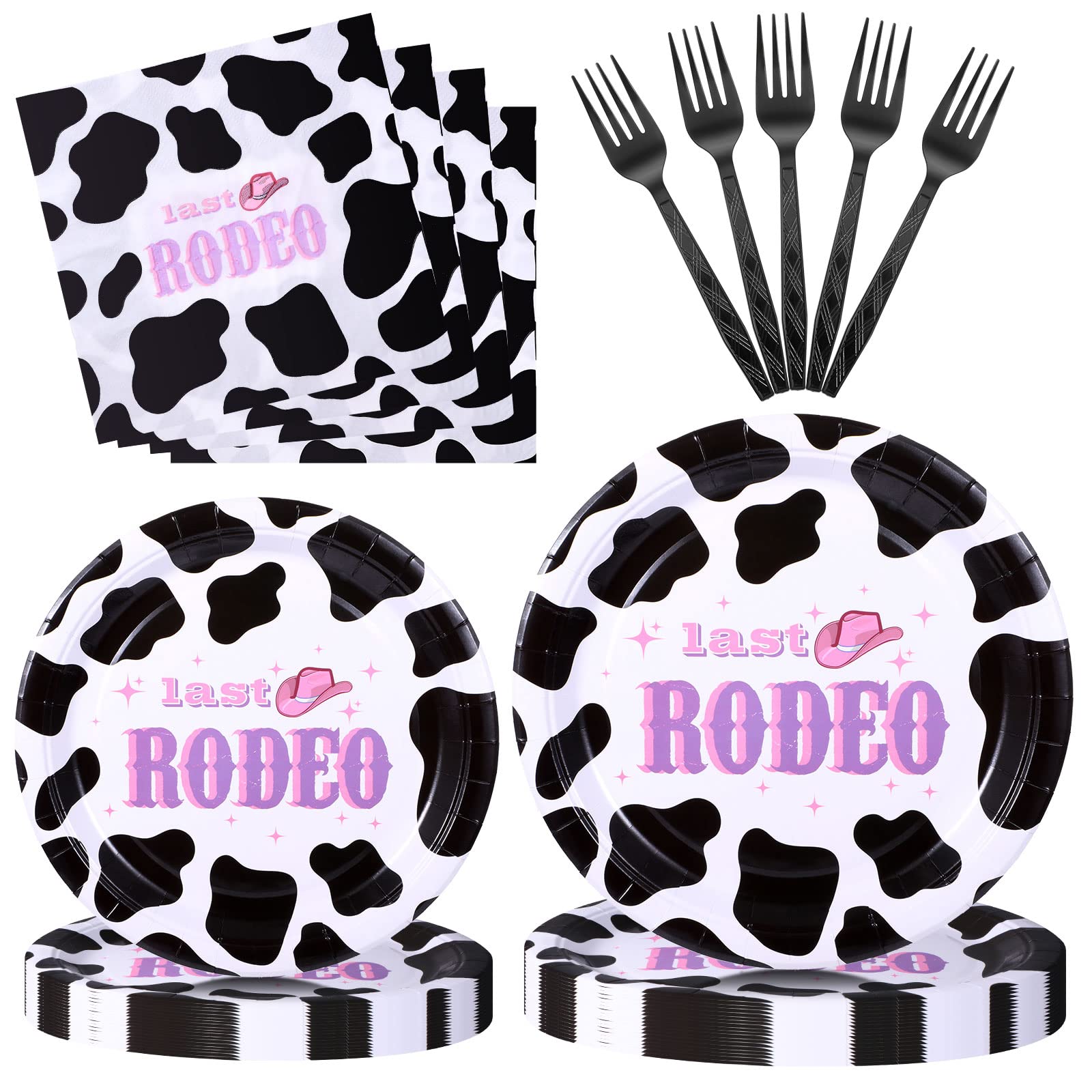 72 Pcs Cow Print Party Tableware Supplies Last Rodeo Girl Bachelorette Party Tableware Set Include Cowgirl Print Plate Napkin Fork for Baby Shower Farm Animal Cow Theme Party Decoration Serve 16 Guest