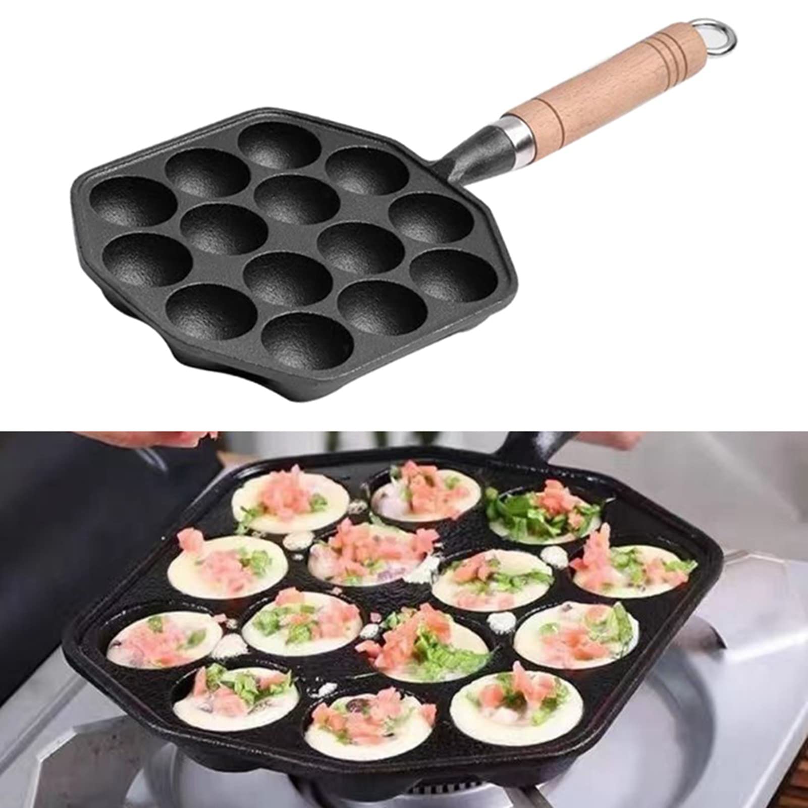 Fdit 14 Hole Takoyaki Pan,Avoid Sticking Cast Iron Octopus Meatball Maker with Removable Handle Suitable for Home Pancake Baking