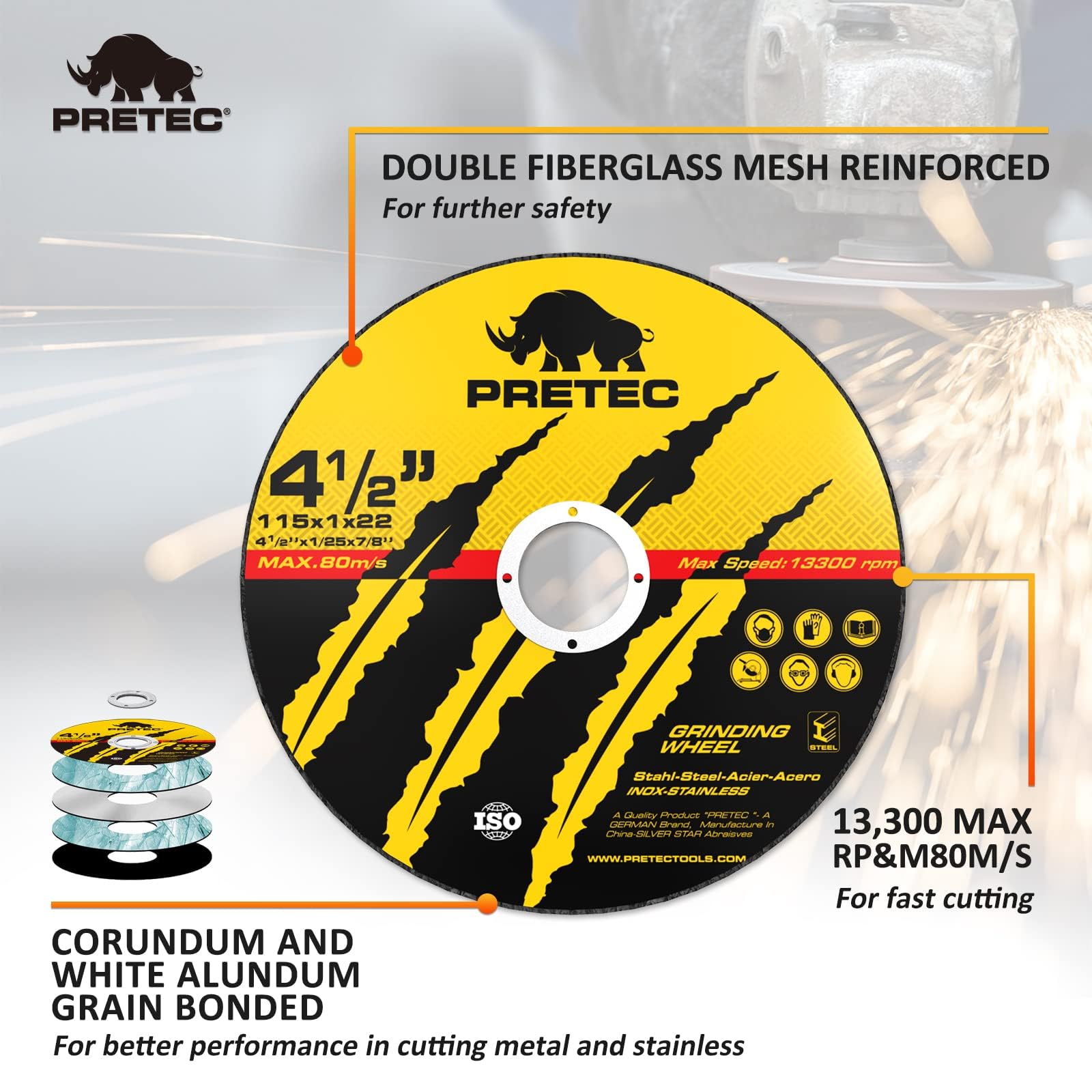 Cut Off Wheels 4-1/2", PRETEC 50+5 Pack Metal Cutting Wheel,Thin 4.5” Metal & Stainless Steel Fast Cutting Discs for Angle Grinder - 7/8" Arbor Hole