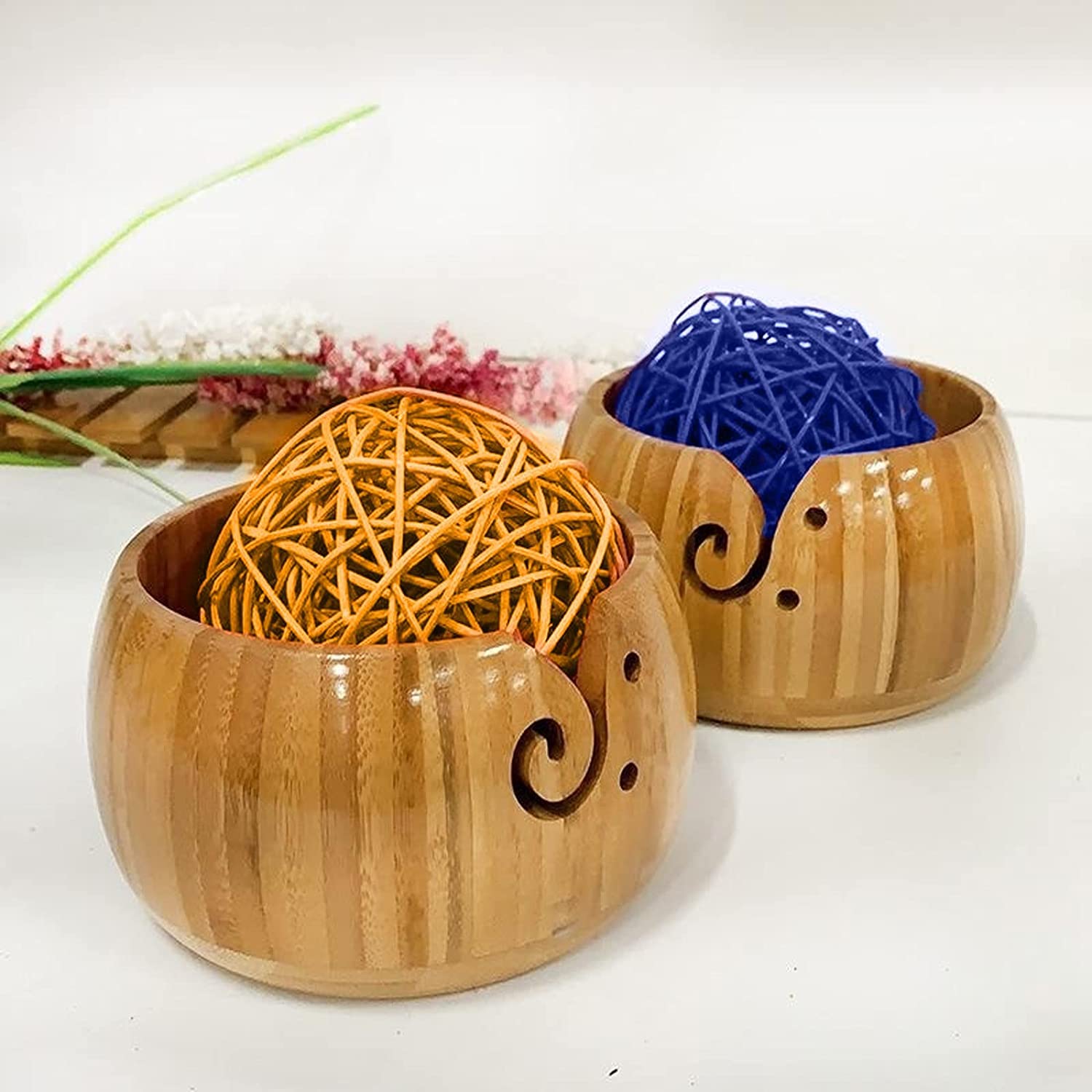 Wooden Knitting Bowl Handmade Needle and Thread Yarn Ball Storage Bowl Craft Knitting,Wool Knitting Storage Bowl for Knitting and Crochet (Varnish Pine)