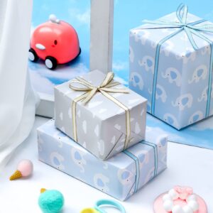 LeZakaa Reversible Baby Shower Wrapping Paper - Elephant in Blue & Cloud in Gray for Baby Boy - 17 inches x 32.8 Feet (46.45 sq.ft.)