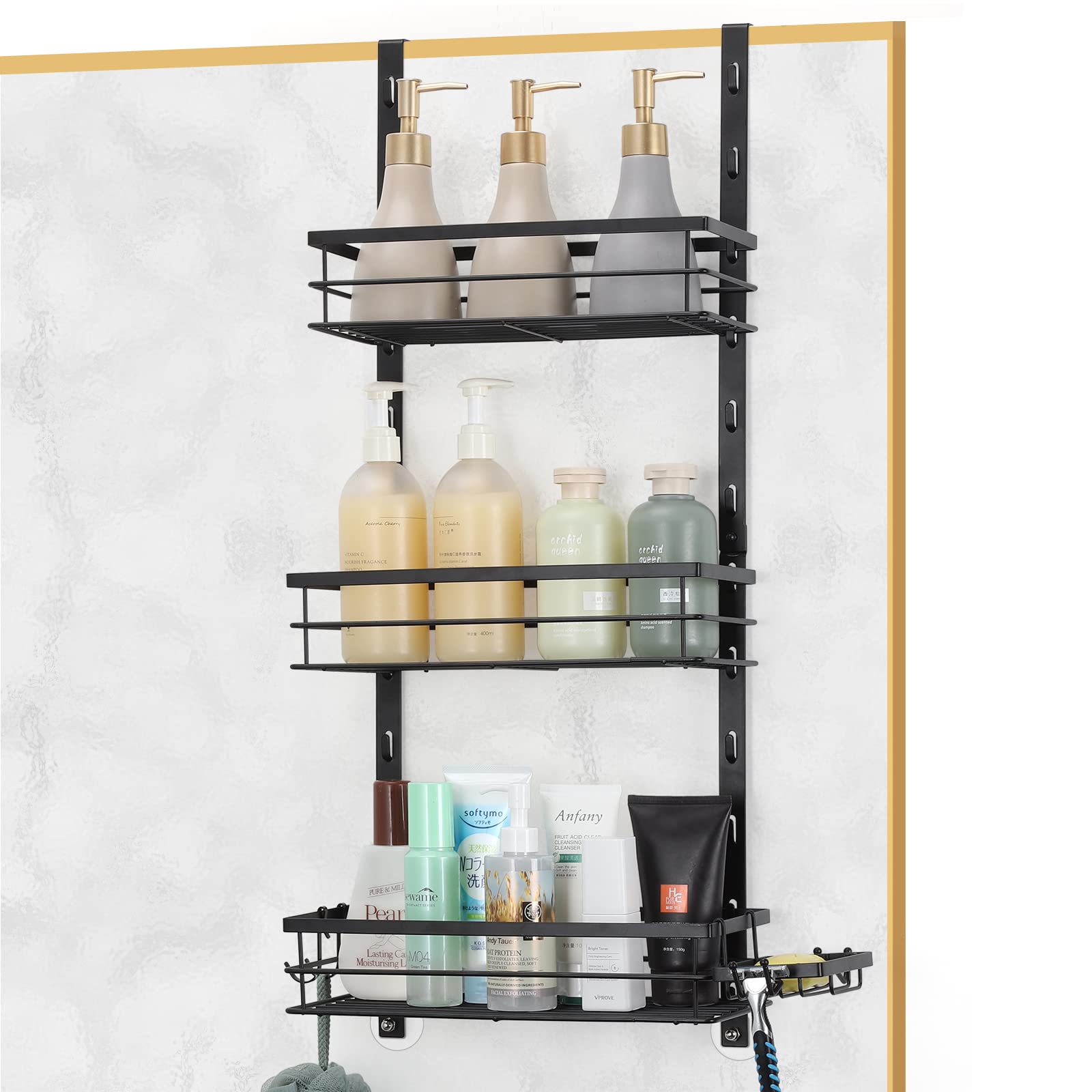 Tuenort Over the Door Shower Caddy, Adjustable Hanging Shower Shelves Rustproof with Hook, Shampoo Holder Bathroom Organizer Shelf with Soap Holder for Inside Bathroom and Kitchen Storage, Black