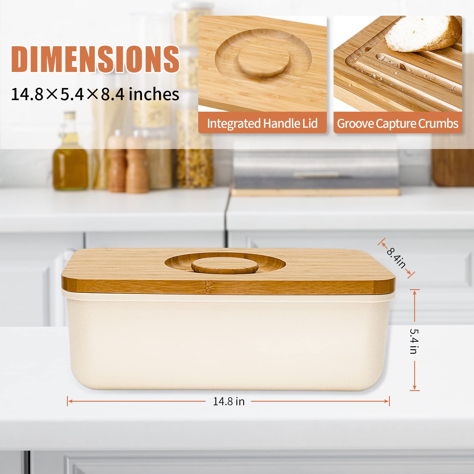 Triiter Bread Box With Bamboo Wood Cutting Board Lid & Bread Slicer Holder, Rectangular Cream Color Bread Container For Kitchen Countertop, 14.8 x 8.4 x 5.3in, Bread Storage Container