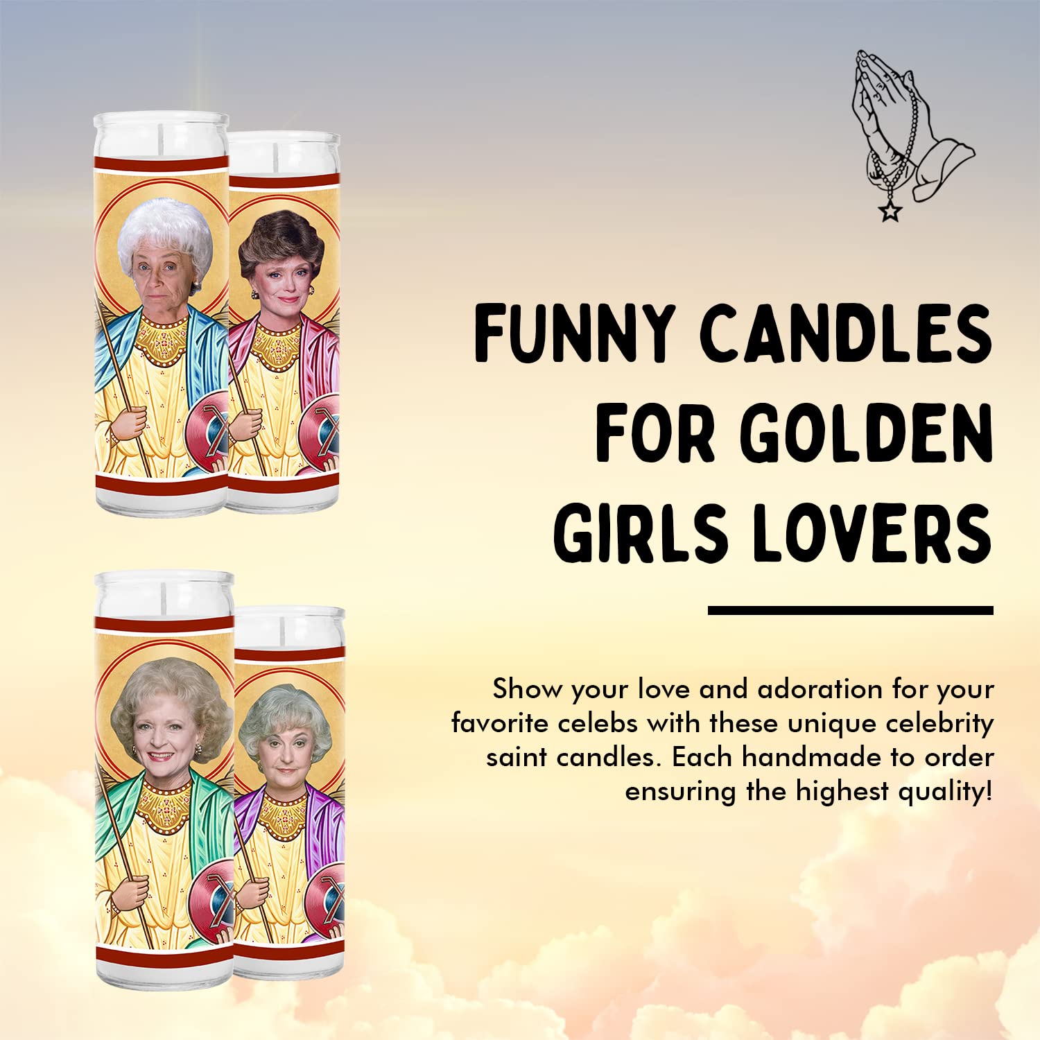 Golden Girls - Set of 4 - Blanche Rose Dorothy and Sophia - Celebrity Prayer Candles- Saint Candles - Betty Rue Bea & Estelle Votive Candle - Handmade USA - Celeb Comedy TV Show Gift.