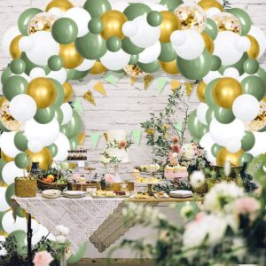 Sage Green Balloon Garland Arch Kit - 117PCS Matte Sage Green White Balloon Chrome Gold Balloons for Jungle Safari Olive Green Baby Bridal Shower Wedding Sage Green Birthday Party Decorations