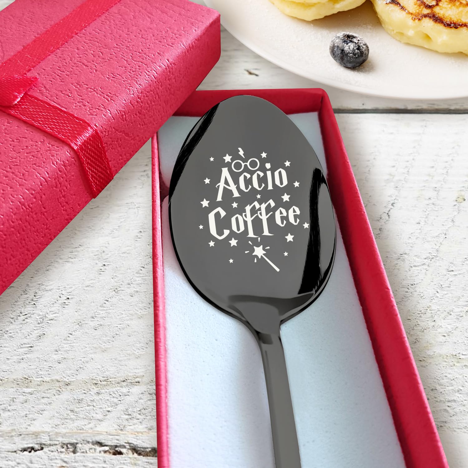 PZJIEAN Accio Coffee Black Engraved Stainless Steel Spoon, Funny Coffee Spoon Ice Cream Spoon Gifts for Coffee Lovers Book Lover Bookworm Friends Harry Potter Fan Birthday, Valentine, Christmas Gift