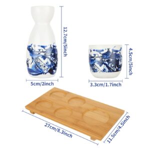 ABuff Japanese Sake Set, 1 Tokkuri Bottle & 4 Ochoko Cups with a Wooden Tray, Ceramic Sake Set Microwave and Dishwasher Safe