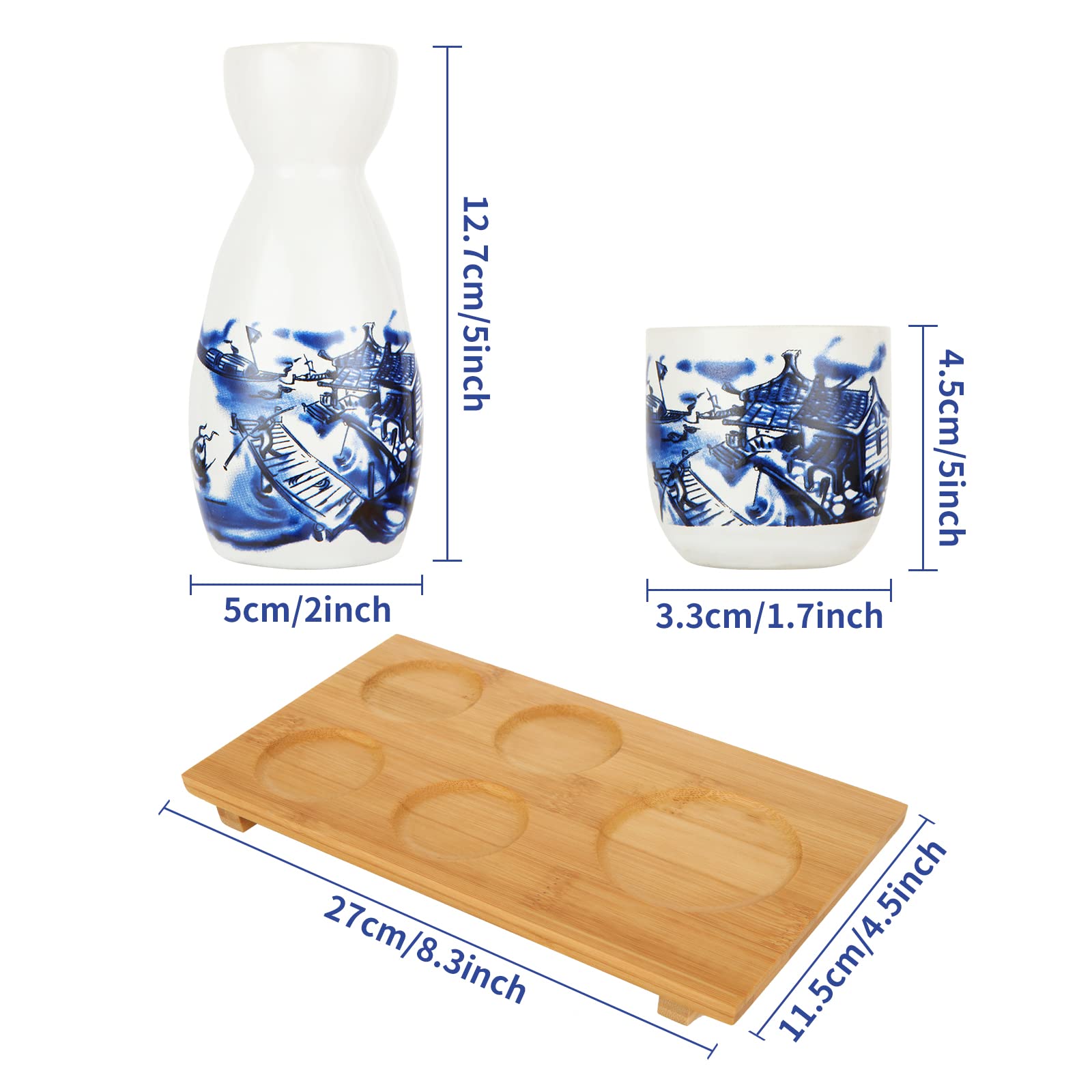 ABuff Japanese Sake Set, 1 Tokkuri Bottle & 4 Ochoko Cups with a Wooden Tray, Ceramic Sake Set Microwave and Dishwasher Safe