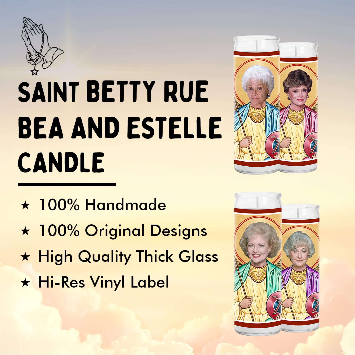 Golden Girls - Set of 4 - Blanche Rose Dorothy and Sophia - Celebrity Prayer Candles- Saint Candles - Betty Rue Bea & Estelle Votive Candle - Handmade USA - Celeb Comedy TV Show Gift.