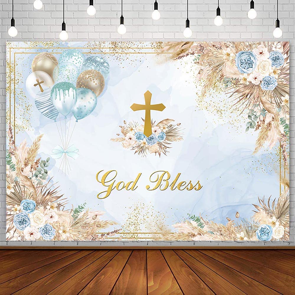 AIBIIN 7x5ft Boho God Bless Baptism Backdrop for Boys Holy Communion Party Decorations Photography Background Blue Marble Floral Christening Ceremony Newborn Baby Shower Banner Photoshoot Props