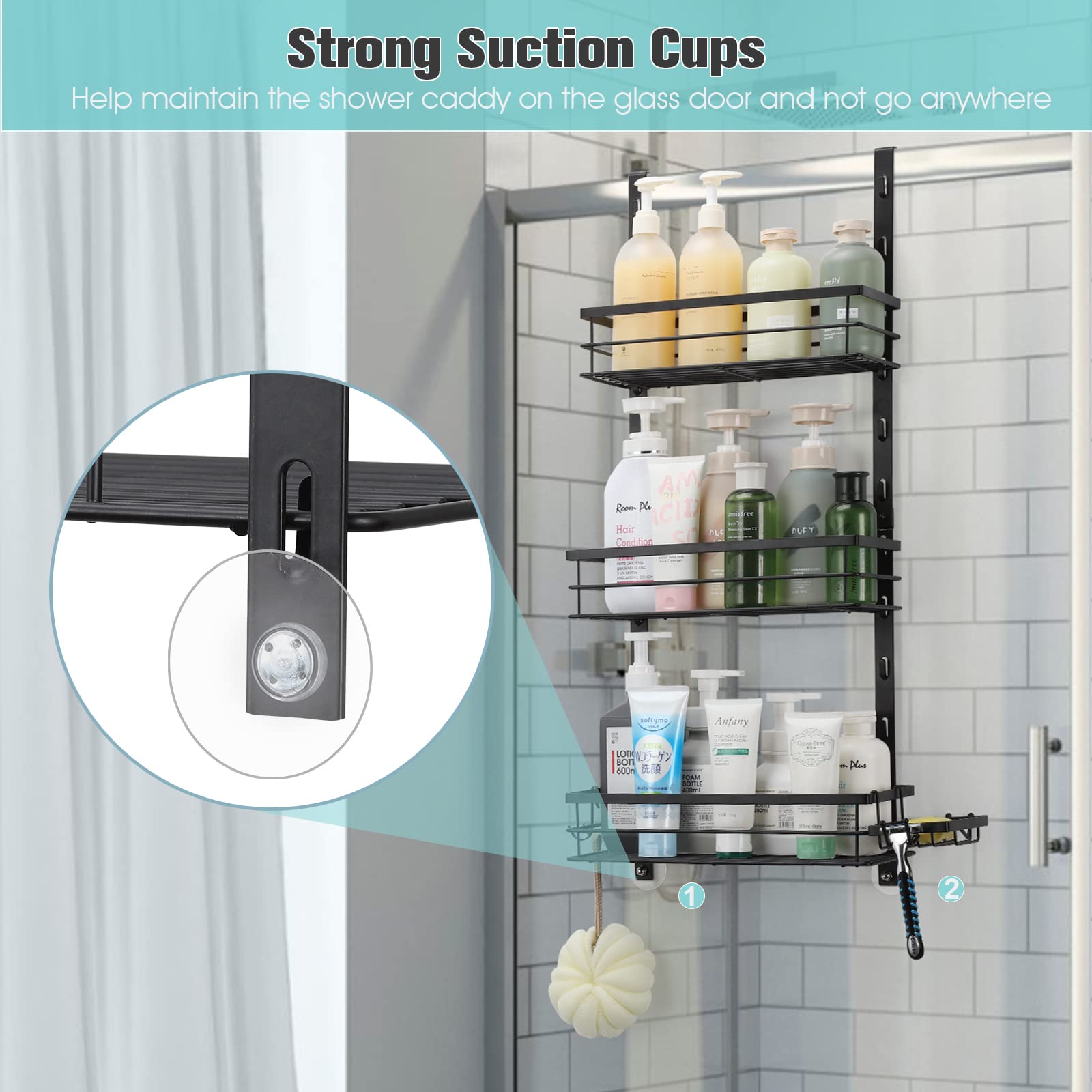 Tuenort Over the Door Shower Caddy, Adjustable Hanging Shower Shelves Rustproof with Hook, Shampoo Holder Bathroom Organizer Shelf with Soap Holder for Inside Bathroom and Kitchen Storage, Black