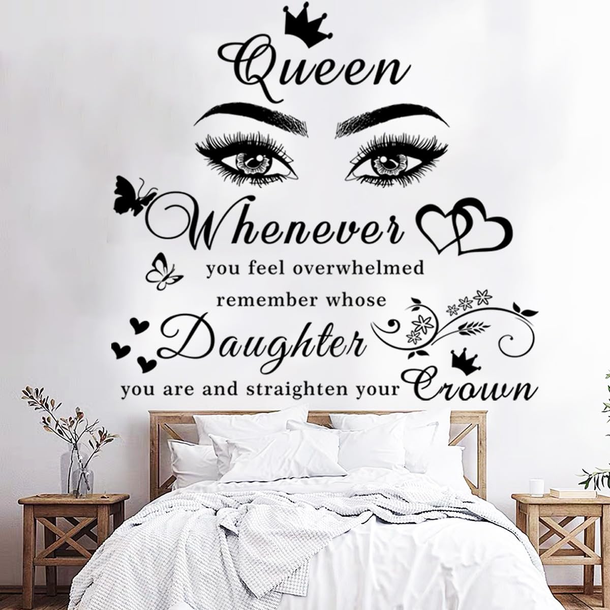 Girls Inspirational Wall Stickers Wall Art Quote Queen Wall Decals Positive Motivational Butterfly Decor Eyes Wall Sticker for Women Girls Bedroom Living Room Beauty Salon Home Decor.