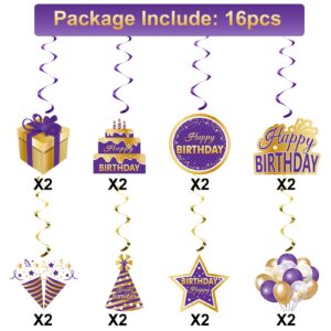 Purple Gold Birthday Hanging Swirls Decorations for Women Girls, Purple Happy Birthday Foil Swirls Party Supplies, 10th 16th 21st 30th 40th 50th 60th Bday Ceiling Sign Decor