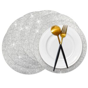 50 pieces silver glitter paper place mats sparkle 14'' round disposable table mats silver sequin doilies decorative placemats for wedding banquet party home dining tableware