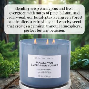 Eucalyptus Evergreen Forest Luxury 3 Wick Winter Pine Candle | Mens Candles, Scented Candles for Home | Aromatherapy Stress Relief Soy Candles 15.8 oz | Balsam Fir Woods Candles for Men & Women