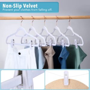 Jadive 80 Pcs Velvet Hangers Clips Strong Fingers Clips Bulk Non Slip Velvet Pants Hangers Clips Baby Hanger Clips Kids Flocked Velvet Clothes Pins for Baby Clothes, Thin Velvet Hangers (White)