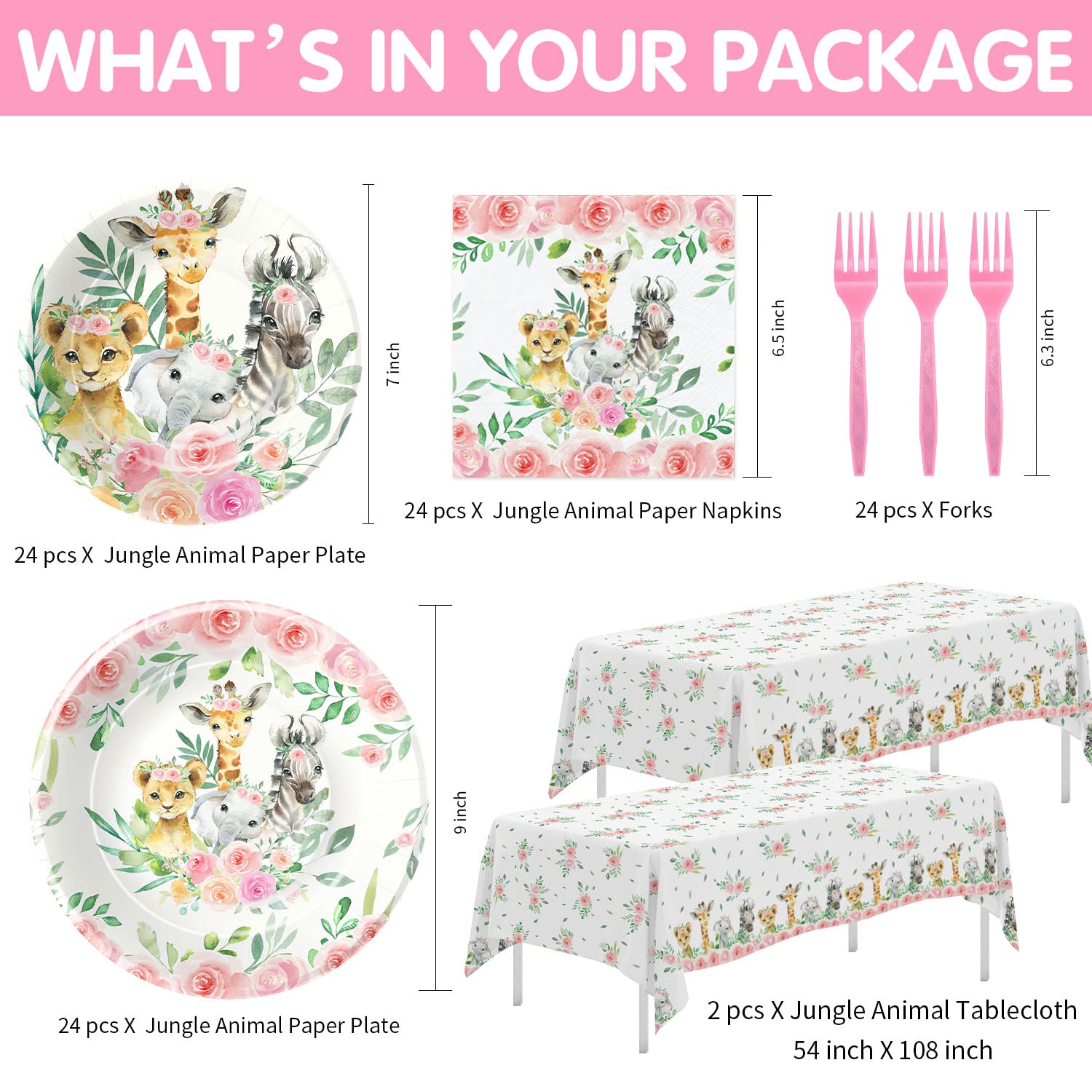 HIPVVILD Jungle Theme Party Supplies Tableware Girl - Safari Birthday Decorations Dinnerware, Plate, Napkin, Tablecloth, Fork, Pink Safari Jungle Animal Baby Shower Birthday Party Supplies | Serve 24