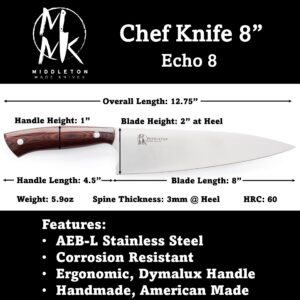 Middleton Made Knives Echo 8 Inch Chef Knife - Handmade Professional Chef Knife - Chefs Knife Made with AEB-L Stainless Steel - USA Made Knife - Great Chef Gifts - Blue