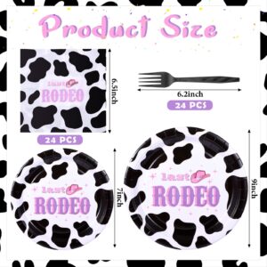 72 Pcs Cow Print Party Tableware Supplies Last Rodeo Girl Bachelorette Party Tableware Set Include Cowgirl Print Plate Napkin Fork for Baby Shower Farm Animal Cow Theme Party Decoration Serve 16 Guest