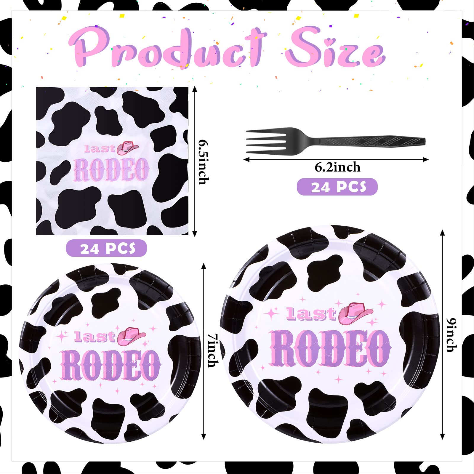 72 Pcs Cow Print Party Tableware Supplies Last Rodeo Girl Bachelorette Party Tableware Set Include Cowgirl Print Plate Napkin Fork for Baby Shower Farm Animal Cow Theme Party Decoration Serve 16 Guest