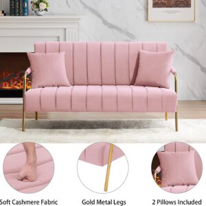 Majnesvon 61" Modern Loveseat Sofa Couch,Cashmere Fabric Small Love Seat w/2 Pillows and Metal Legs,2-Seater Upholstered Mini Sofa Couches for Small Space,Living Room Bedroom Apartments (Pink) (Pink)