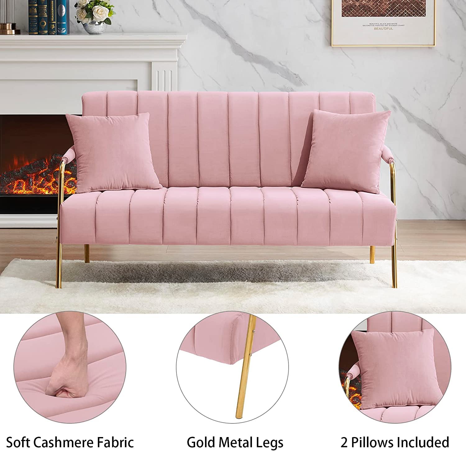 Majnesvon 61" Modern Loveseat Sofa Couch,Cashmere Fabric Small Love Seat w/2 Pillows and Metal Legs,2-Seater Upholstered Mini Sofa Couches for Small Space,Living Room Bedroom Apartments (Pink) (Pink)