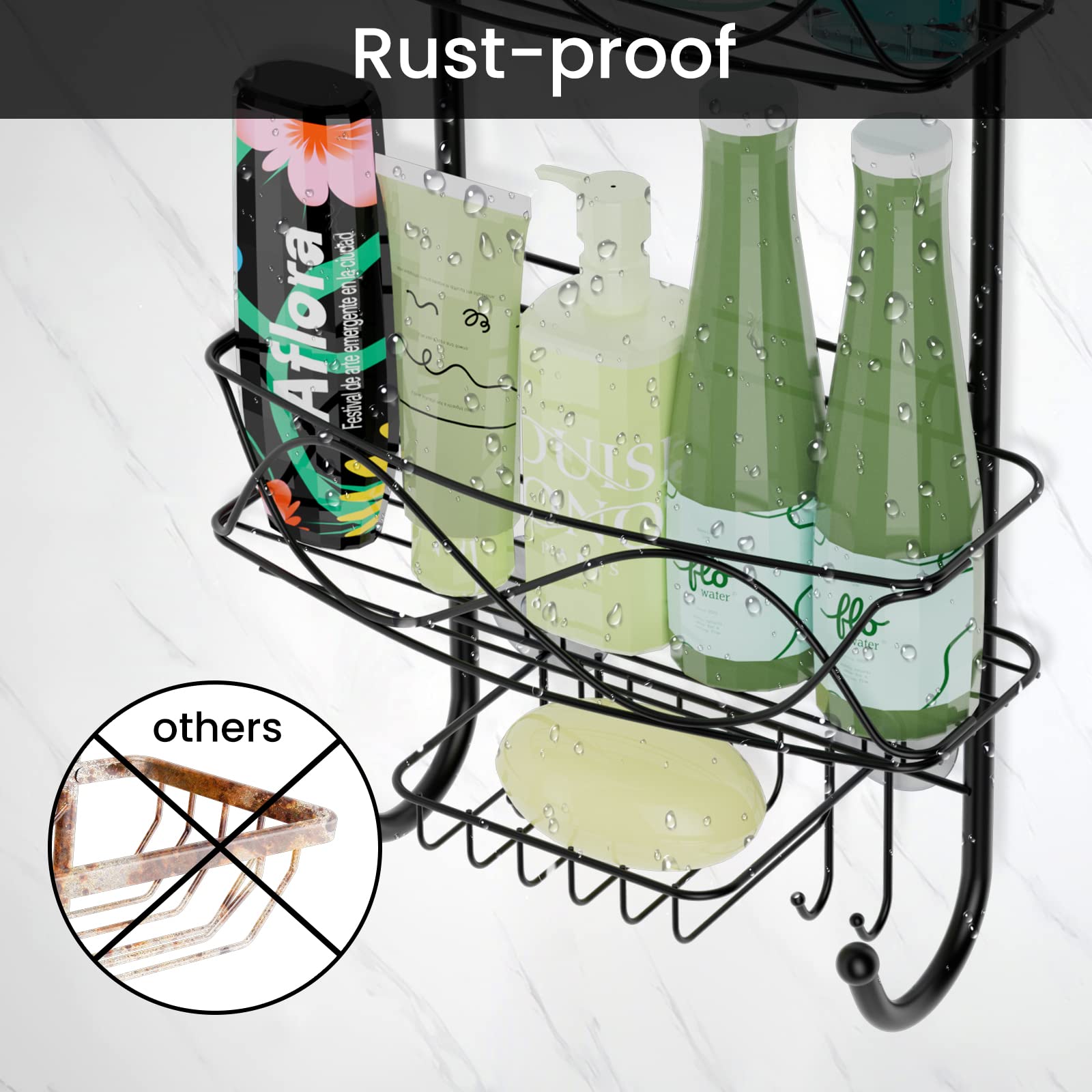 ONTOTY Shower Caddy Hanging, No Drilling & Rustproof Hanging Shower Organizer, Anti-Swing Shower Caddy Over Shower Head with 2 Strong Suction Cup, 6 Hooks and Soap Basket, for Bathroom, Soap, Razor