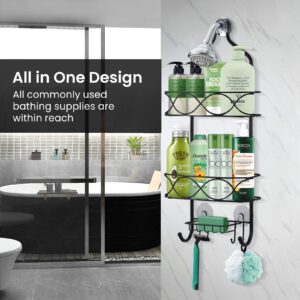 ONTOTY Shower Caddy Hanging, No Drilling & Rustproof Hanging Shower Organizer, Anti-Swing Shower Caddy Over Shower Head with 2 Strong Suction Cup, 6 Hooks and Soap Basket, for Bathroom, Soap, Razor