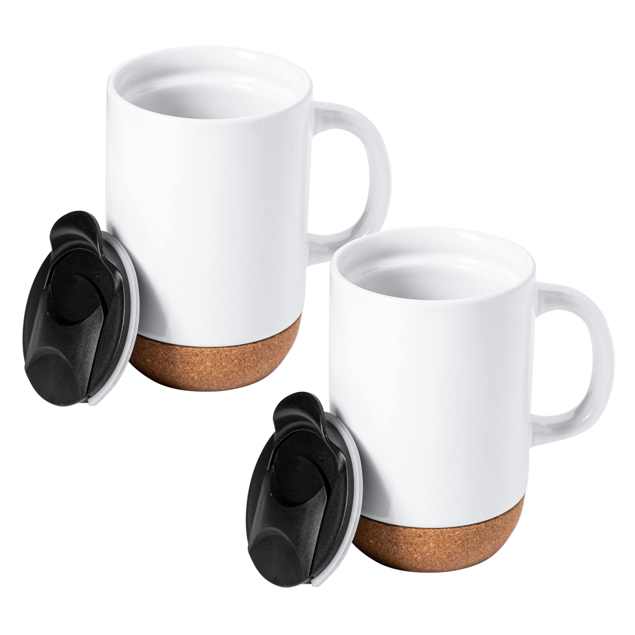 Gibson Home Modani 2 Pack Large 16.5 OZ Ceramic Mugs Set with Removable Cork Bottom and Lid - White