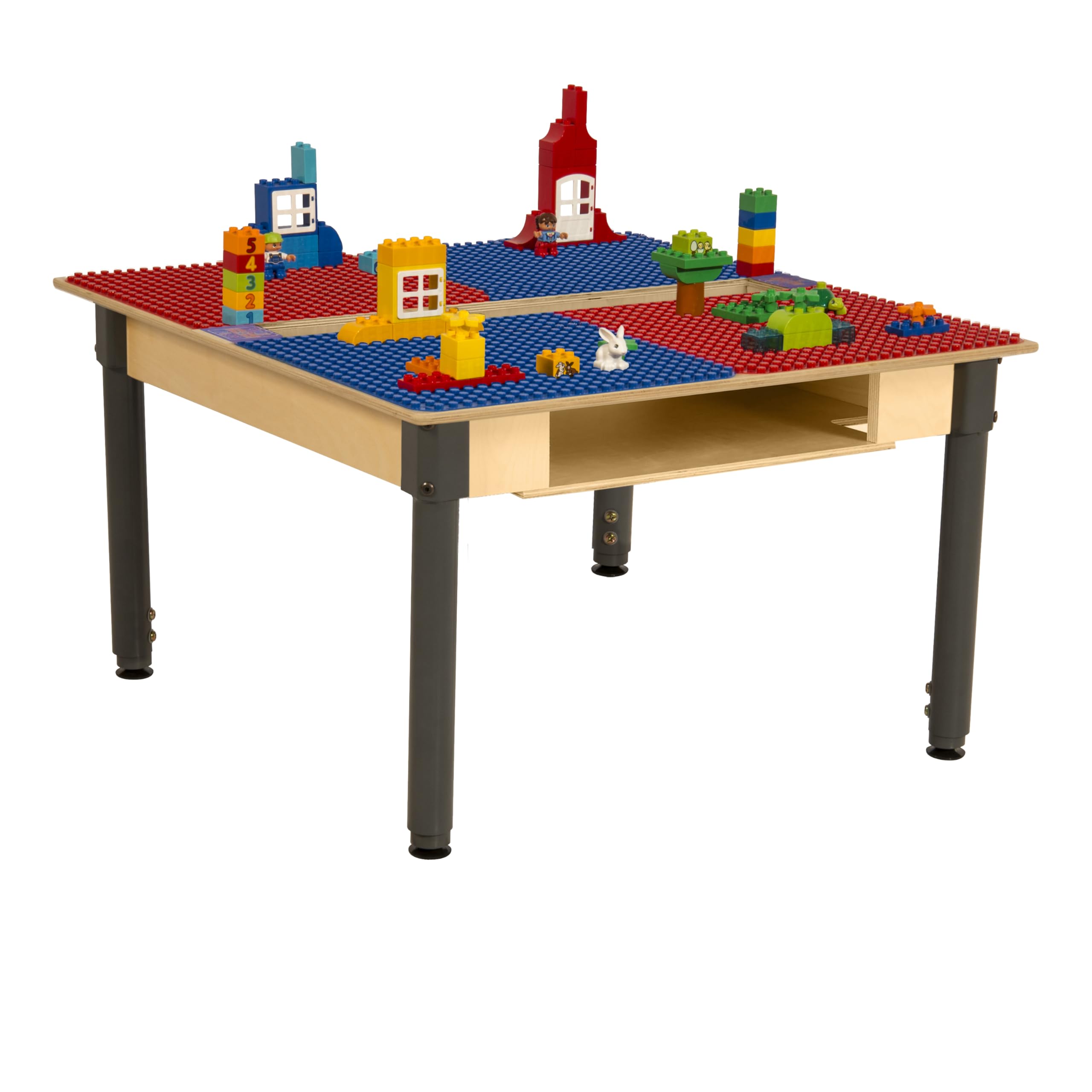 Contender Time-2-Play 35" W Square Build & Learn Compatible with Duplo Table with Trough & Shelf (with Gliders, Red & Blue, 18"-29" Adjustable Legs)