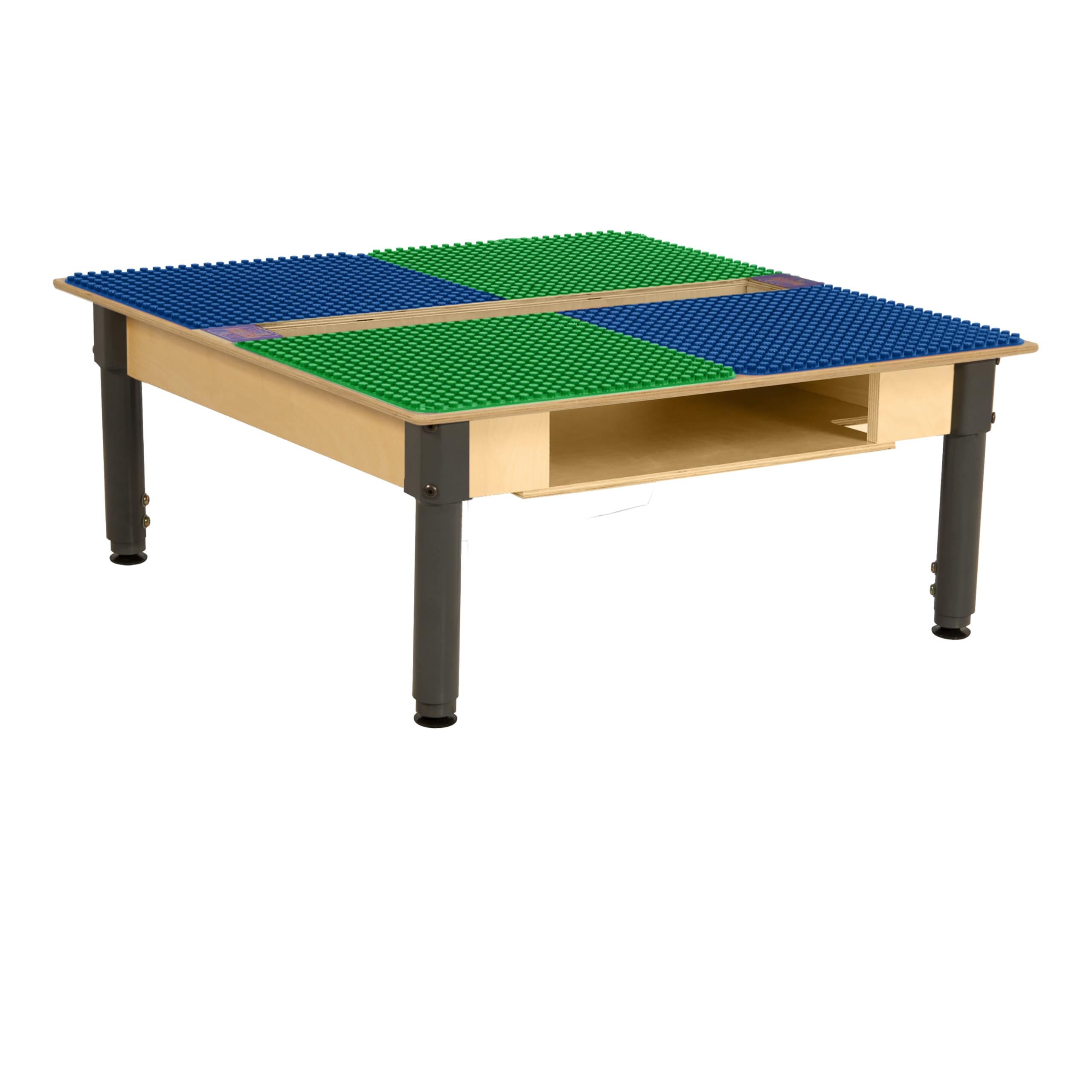 Contender Time-2-Play 35" W Square Build & Learn Compatible with Duplo Table with Trough & Shelf (with Gliders, Blue & Green, 12”-17” Adjustable Legs)