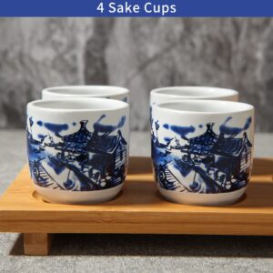 ABuff Japanese Sake Set, 1 Tokkuri Bottle & 4 Ochoko Cups with a Wooden Tray, Ceramic Sake Set Microwave and Dishwasher Safe