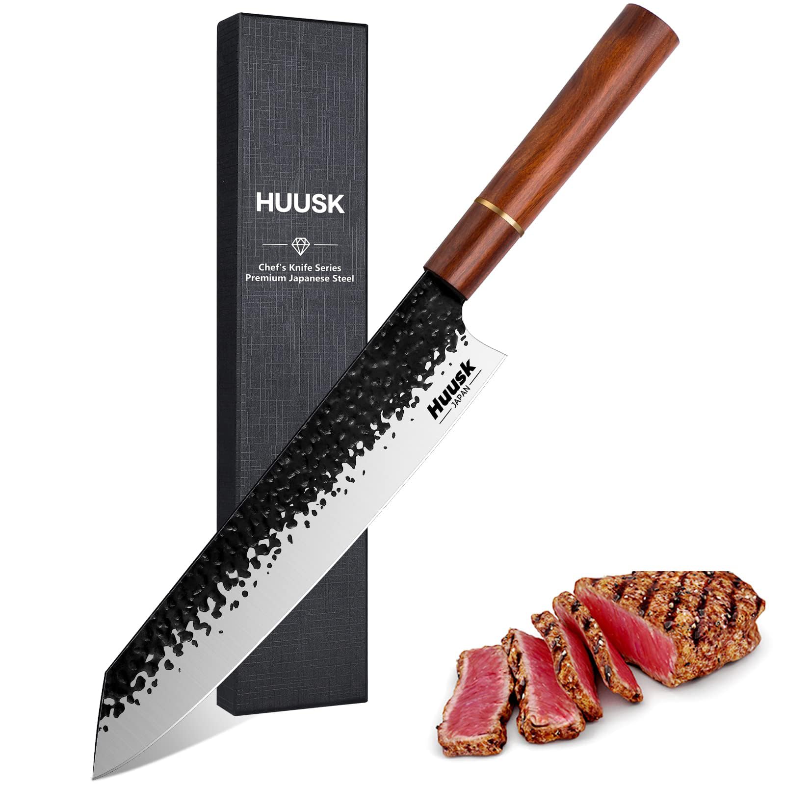 Huusk Kiritsuke Chef Knife - 9 Inch Japanese Kitchen Knife, Professional High Carbon Steel Sharp Sushi knife with Ergonomic Rosewood Handle for Meat, Fish, Vegetables, Gift for Dad