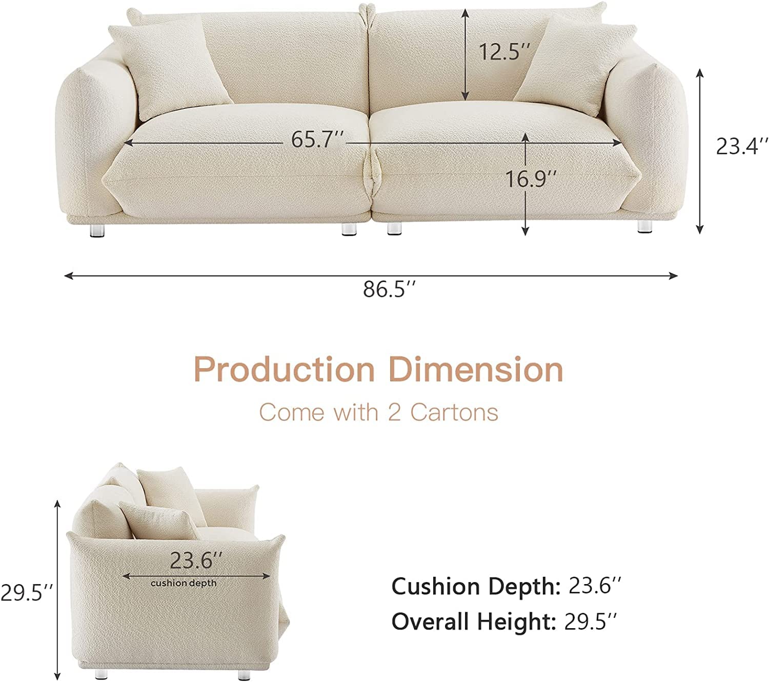 Fulocseny Mid Century 86'' Modern Couch for Living Room,Lambswool Fabric 3 Seater Sofa,Solid Wood Frame and Stable Metal Legs with 2 Pillows,Sofa Furniture Apartment (White, 85.8''*34.5''*29.5'')