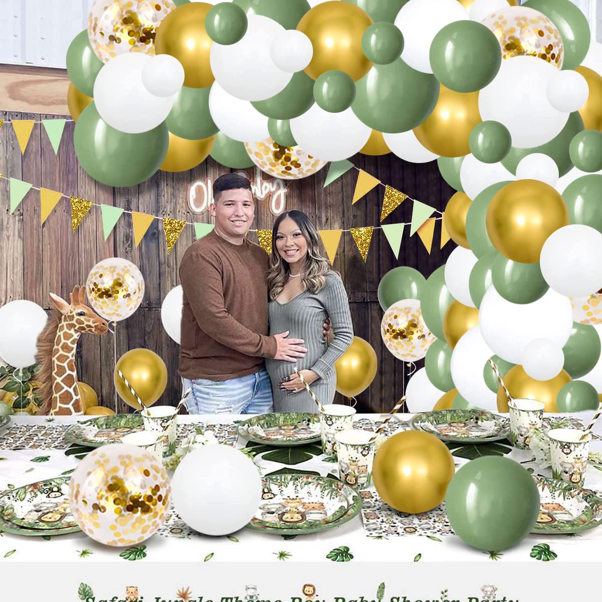 Sage Green Balloon Garland Arch Kit - 117PCS Matte Sage Green White Balloon Chrome Gold Balloons for Jungle Safari Olive Green Baby Bridal Shower Wedding Sage Green Birthday Party Decorations