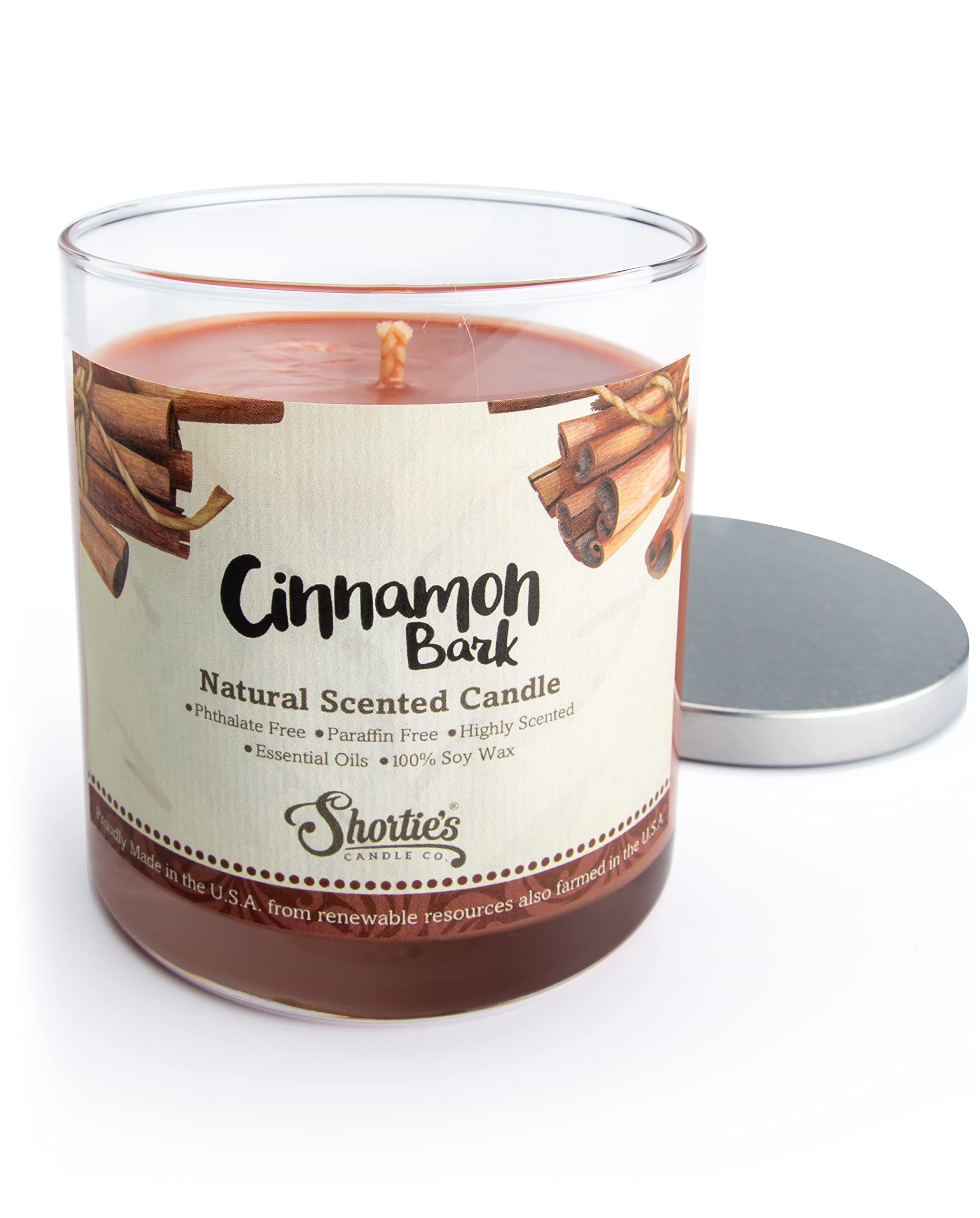 Cinnamon Bark Scented Natural Soy Candle, Essential Fragrance Oils, 100% Soy, Phthalate & Paraben Free, Clean Burning, 9 Oz.