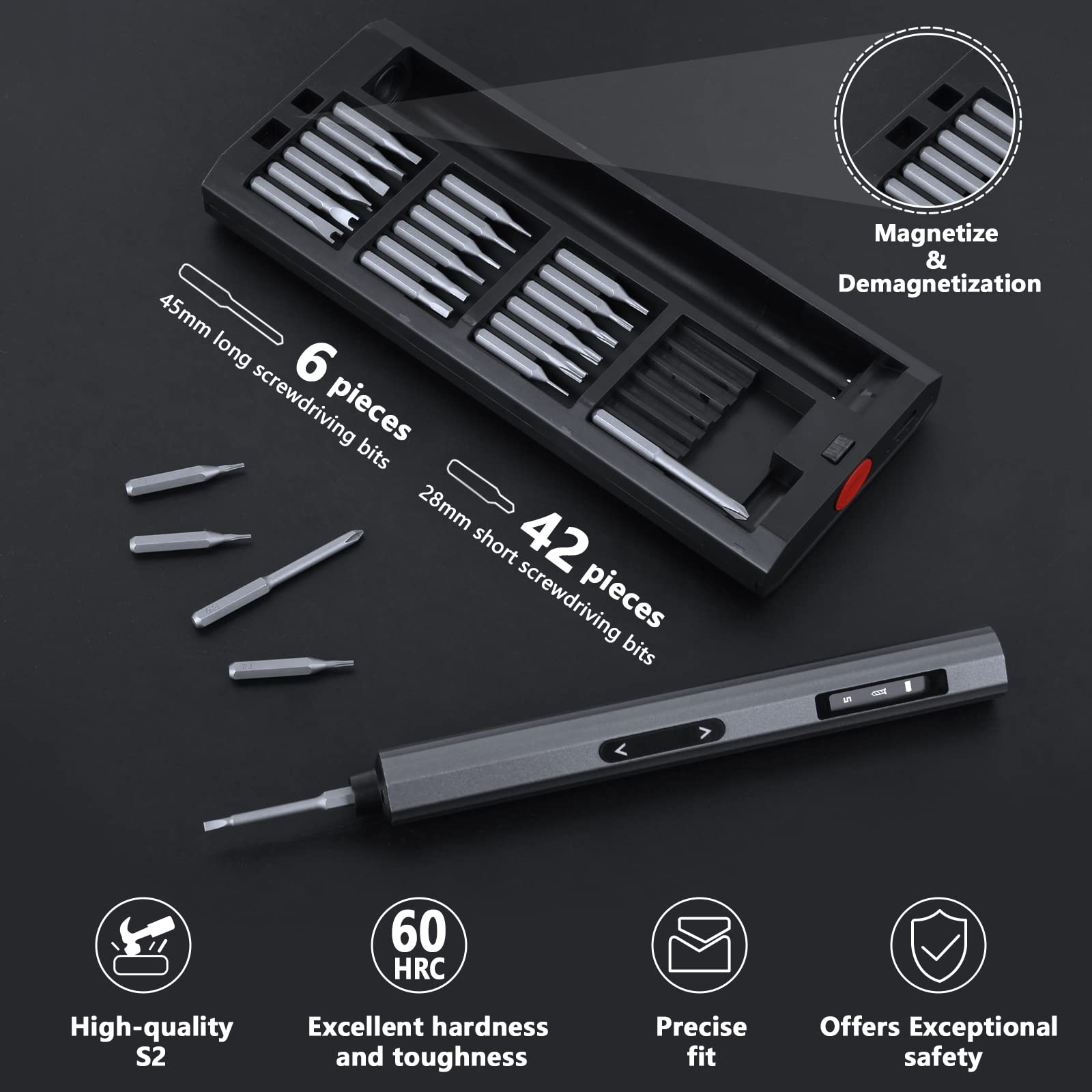 EFFTO Precision Screwdriver Set, 5 Gear Torque, Mini Screwdriver Set with OLED Screen, Small Screwdriver Set Rechargeable with 48 multifunctional bits and shadowless LED lights, Aluminum Case