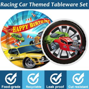 98 Pieces Racing Car Party Decorations Hot Car Tableware Set Racing Car Plates Napkins Tablecloth Party Supplies Kit for Kids Boys Racing Birthday Table Cover Dinnerware Party Favors 24 Guests