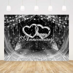 AIBIIN 7x5ft Black and Silver Happy Anniversary Backdrop Silver Glitter Wedding Anniversary Bridal Shower Photography Background Cheers to Wedding Miss to Mrs Party Decorations Banner