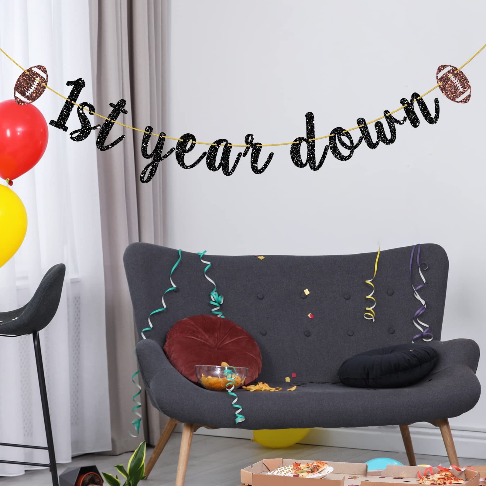 Helewilk 1st Year Down Banner, Football Bunting Decor for Boys Girls 1st Birthday Baby Shower Party Decoration, Sports Theme Happy 1st Birthday Party Garland Hanging Sign