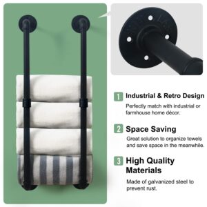 HouseAid Industrial Pipe Towel Rack, Farmhouse Bathroom Towel Storage Holder, Vintage Style Towel Organization, Wall Mounted, Matte Black