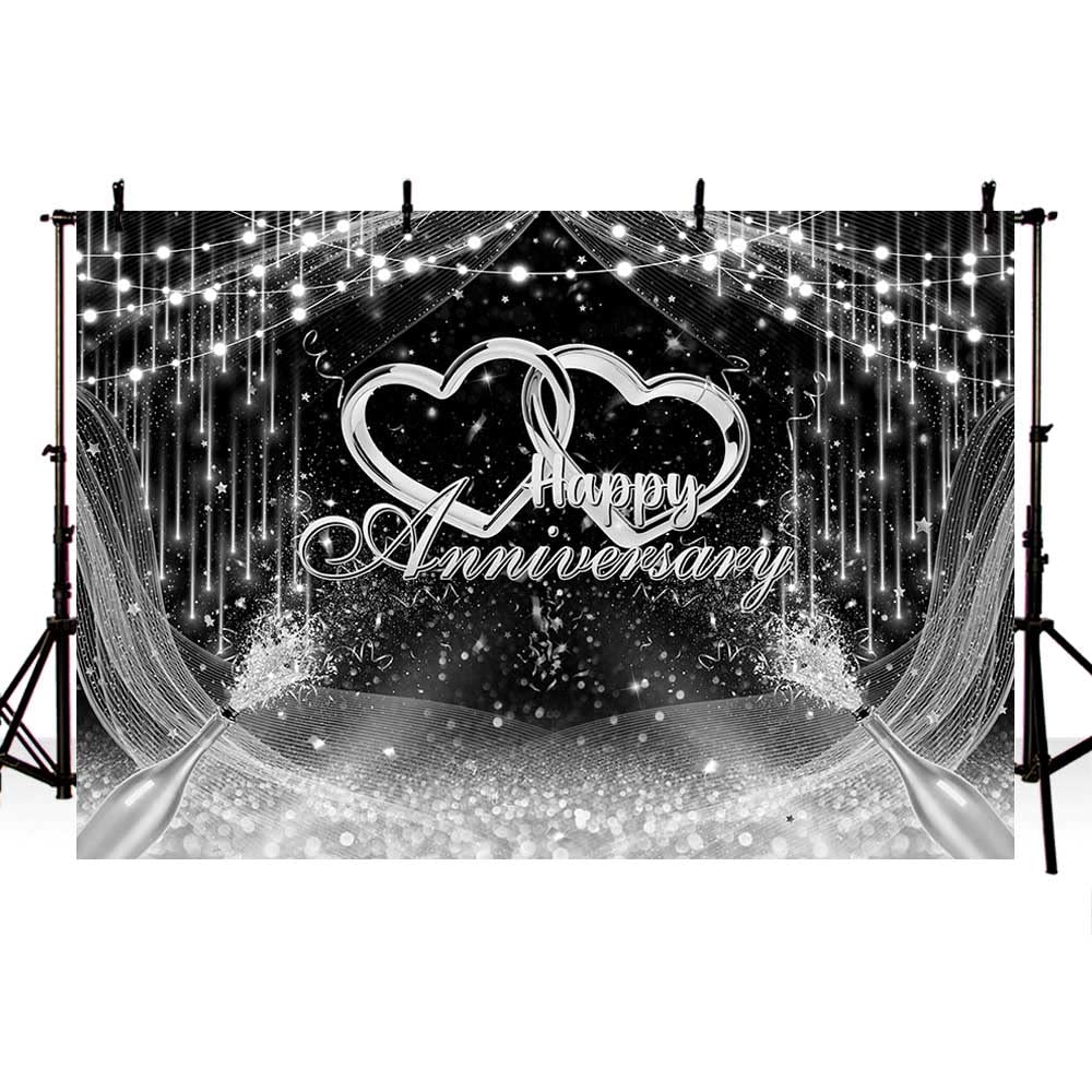 AIBIIN 7x5ft Black and Silver Happy Anniversary Backdrop Silver Glitter Wedding Anniversary Bridal Shower Photography Background Cheers to Wedding Miss to Mrs Party Decorations Banner