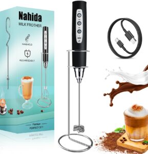 nahida black milk frother wand for coffee, frother handheld with stand rechargeable electric whisk with 3 heads 3 speeds drink mixer coffee frother foam maker for latte, cappuccino, hot chocolate, egg