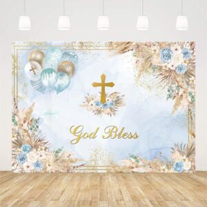 AIBIIN 7x5ft Boho God Bless Baptism Backdrop for Boys Holy Communion Party Decorations Photography Background Blue Marble Floral Christening Ceremony Newborn Baby Shower Banner Photoshoot Props