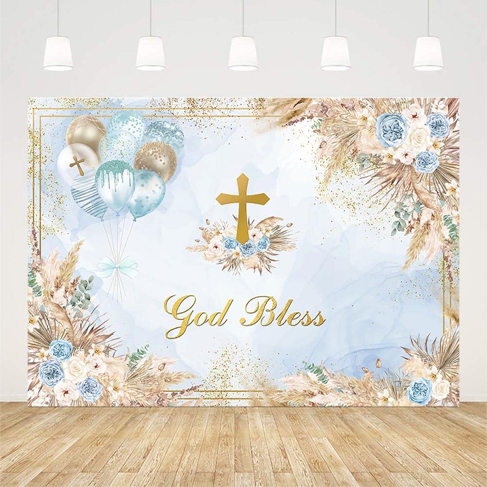 AIBIIN 7x5ft Boho God Bless Baptism Backdrop for Boys Holy Communion Party Decorations Photography Background Blue Marble Floral Christening Ceremony Newborn Baby Shower Banner Photoshoot Props