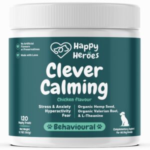 happy heroes - clever calming dog treats, 100% natural supplement, behavioural health, reduces stress, fear, hyperactivity, aggression, provides dog anxiety relief & relaxation