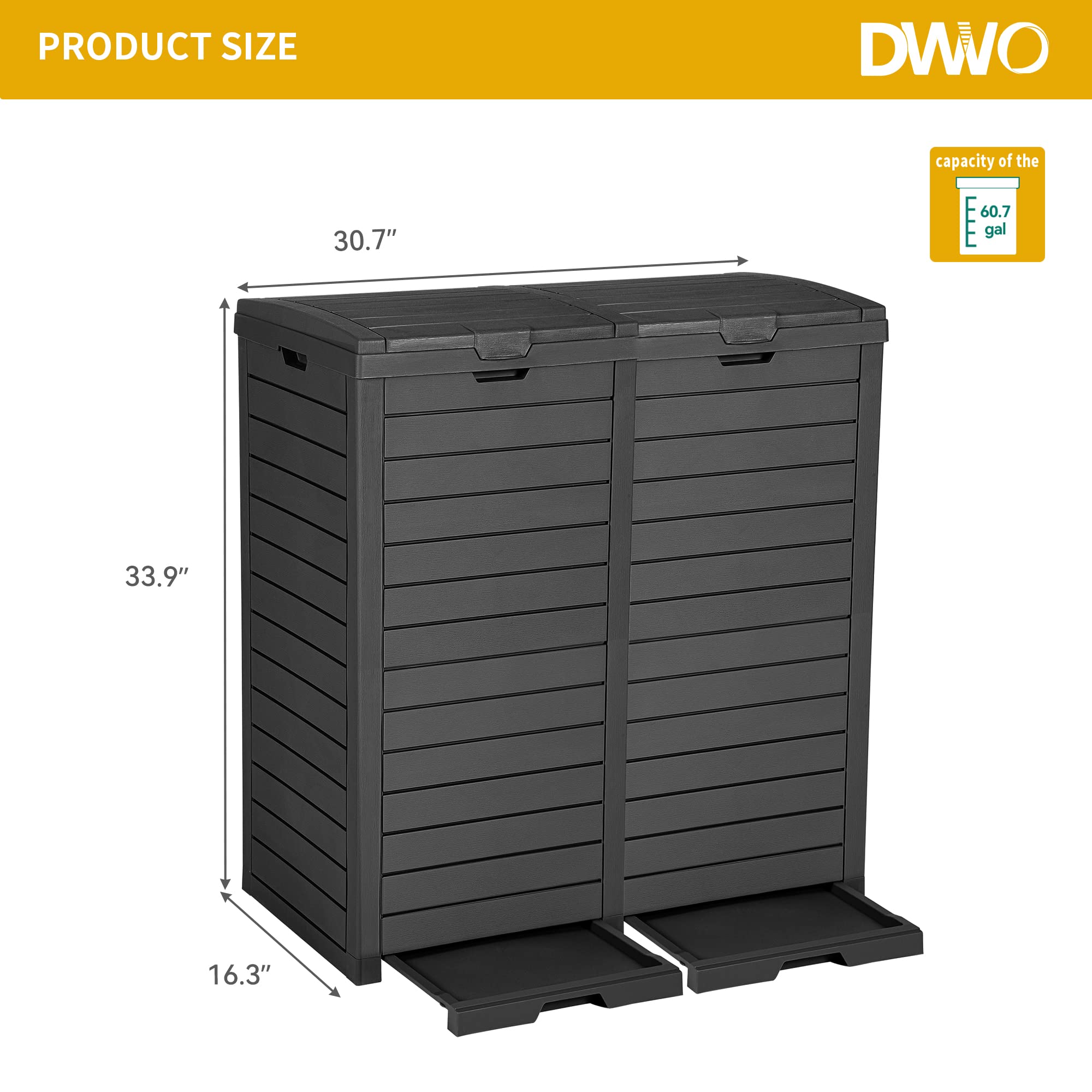 DWVO Outdoor Large Resin Trash Can, 62 Gallon Classified Hideaway Garbage Bins with Dual Lid and Drip Trays for Porch, Backyard, Deck, Patio, Poolside, Easy to Clean, 248 Quart, Black