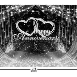 AIBIIN 7x5ft Black and Silver Happy Anniversary Backdrop Silver Glitter Wedding Anniversary Bridal Shower Photography Background Cheers to Wedding Miss to Mrs Party Decorations Banner